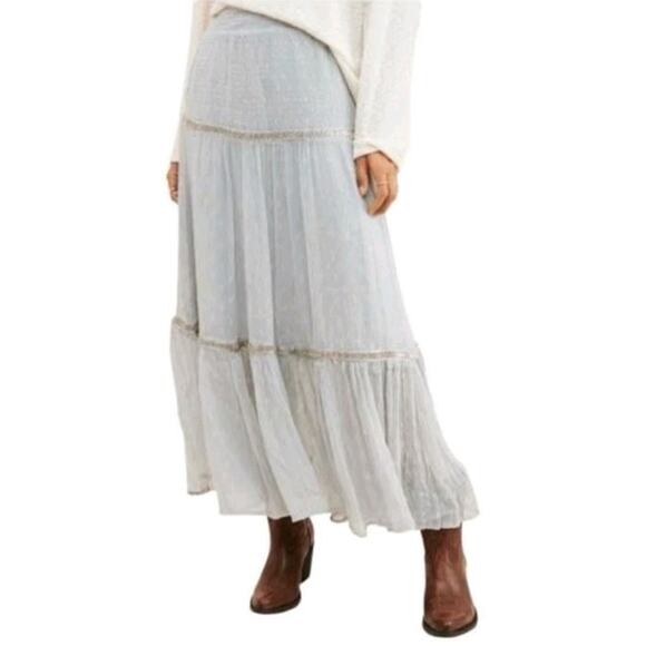 Free People Ella Tiered‎ Midi Skirt Size 0 Sky Blue Smocked Beaded Boho NWT - Picture 2 of 9